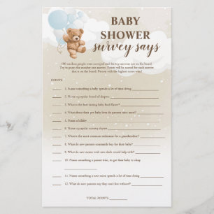 Dusty Blue Teddy Bear Survey Säger Baby Shower Lek Flygblad