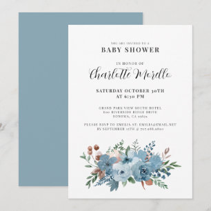 Dusty Blue Terracotta Blommigt Baby Shower Inbjudningar