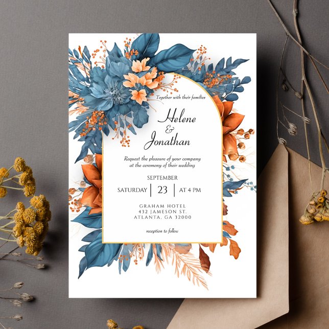 Dusty Blue Terracotta Boho Blommigt Elegant bröllo Inbjudningar (Dusty Blue Terracotta Boho Floral Elegant Wedding Invitation)