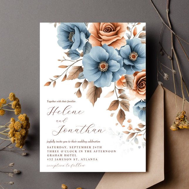 Dusty Blue Terracotta Boho Blommigt Elegant bröllo Inbjudningar (Dusty Blue Terracotta Boho Floral Elegant Wedding Invitation)