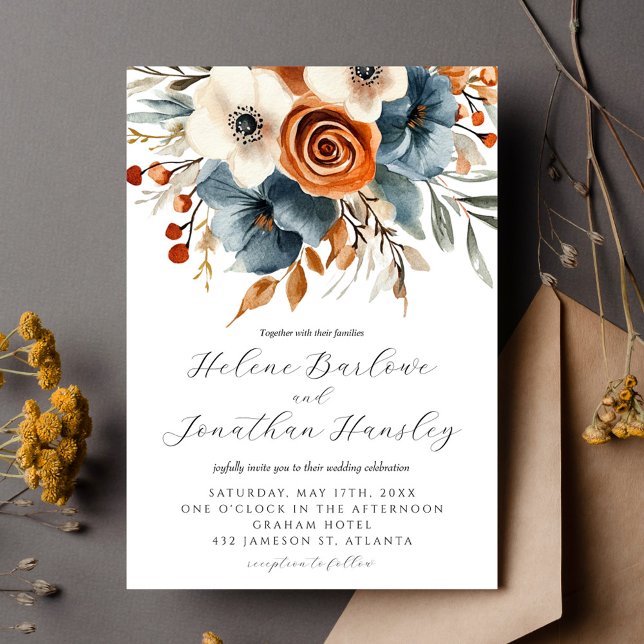 Dusty Blue Terracotta Boho Blommigt Elegant bröllo Inbjudningar (Dusty Blue Terracotta Boho Floral Elegant Wedding Invitation)