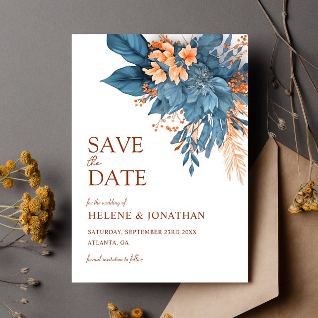 Dusty Blue Terracotta Boho Blommigt Elegant bröllo Spara Datumet (Dusty Blue Terracotta Boho Floral Elegant Wedding Save The Date)