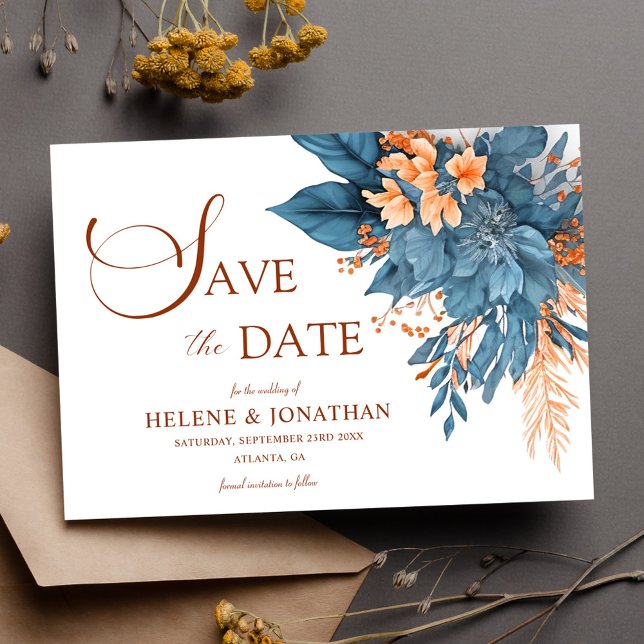 Dusty Blue Terracotta Boho Elegant Blommigt Bröllo Spara Datumet (Dusty Blue Terracotta Boho Elegant Floral Wedding Save The Date)