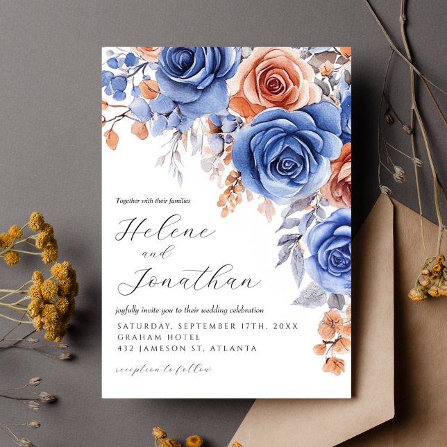 Dusty Blue Terracotta Rust Garden Elegant bröllop Inbjudningar (Dusty Blue Terracotta Rust Garden Elegant Wedding Invitation)