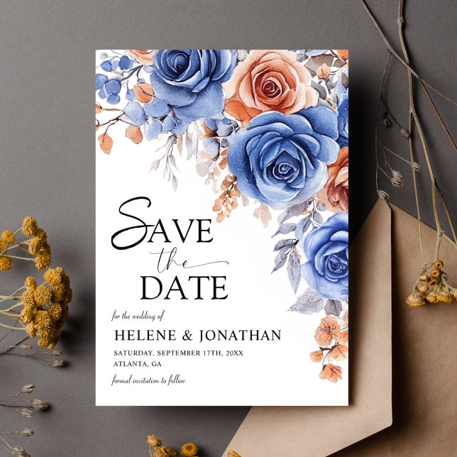 Dusty Blue Terracotta Rust Garden Elegant bröllop Spara Datumet (Dusty Blue Terracotta Rust Garden Elegant Wedding Save The Date)