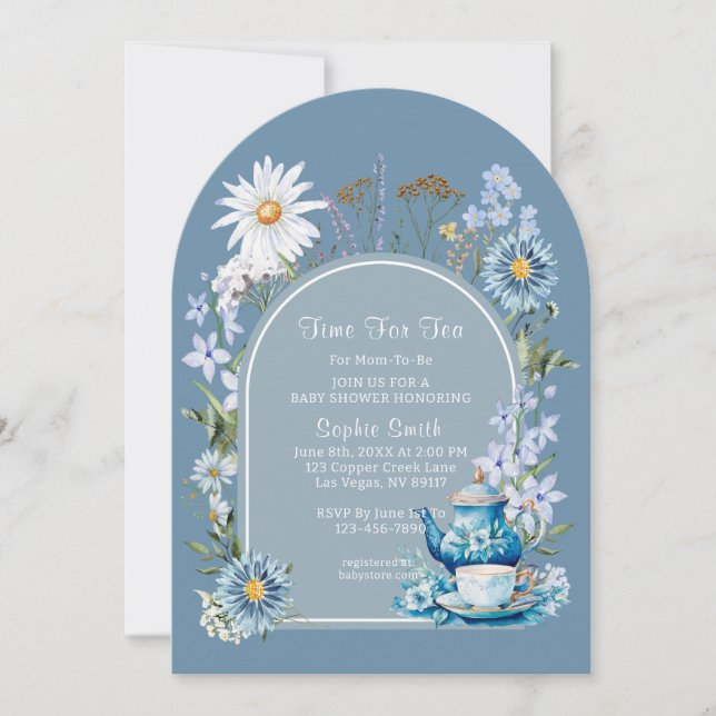 Dusty Blue Time for Tea Boho Baby Shower Inbjudningar (Framsida)