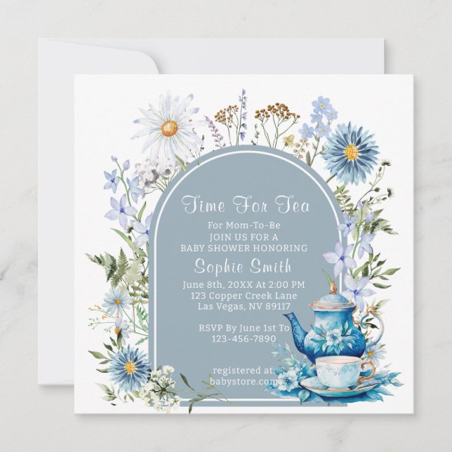 Dusty Blue Time for Tea Boho Garden Baby Shower Inbjudningar (Framsida)