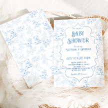Dusty Blue Toile Bear Vintage Pojke Shower