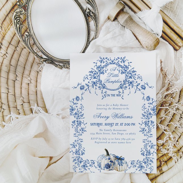 Dusty Blue Toile Blommigt Pumpkin Boy Shower Inbjudningar (Skapare uppladdad)