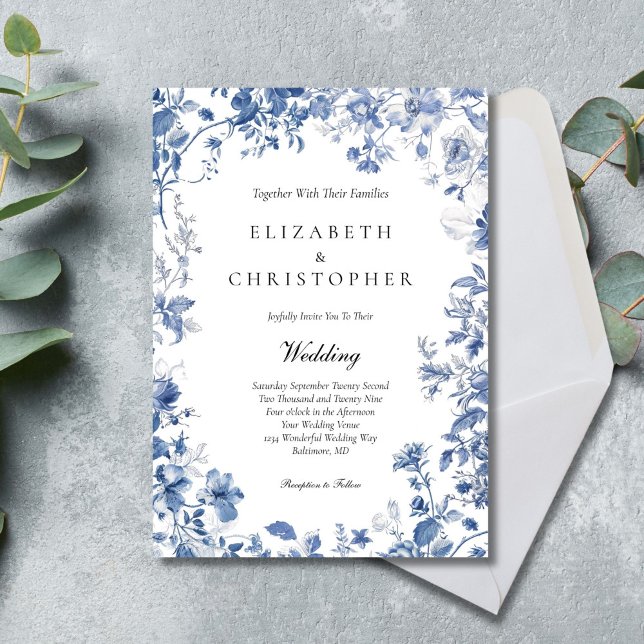 Dusty Blue Toile Blommigt Watercolor Elegant bröll Inbjudningar (Dusty Blue Toile Floral Watercolor Elegant Wedding invitation)