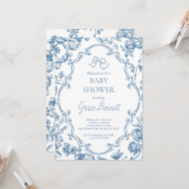 Dusty Blue Toile de Jouy Baby Shower Inbjudningar