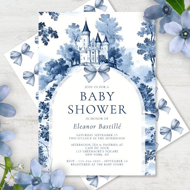 Dusty Blue Toile De Jouy Fransk Baby Shower Inbjudningar (Skapare uppladdad)