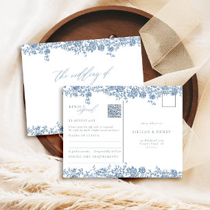 Dusty Blue Toile Ro Elegant QR Bröllop Response Vykort