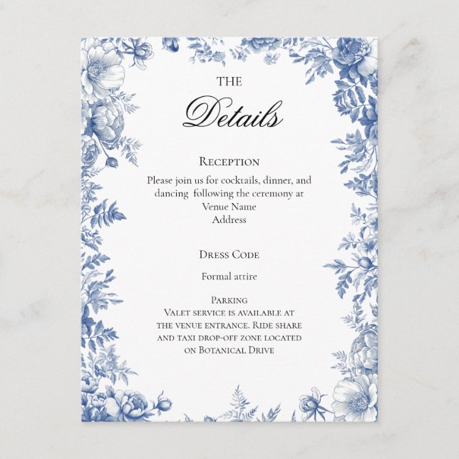 Dusty Blue Toile Wedding Details Tilläggskort (Framsida)
