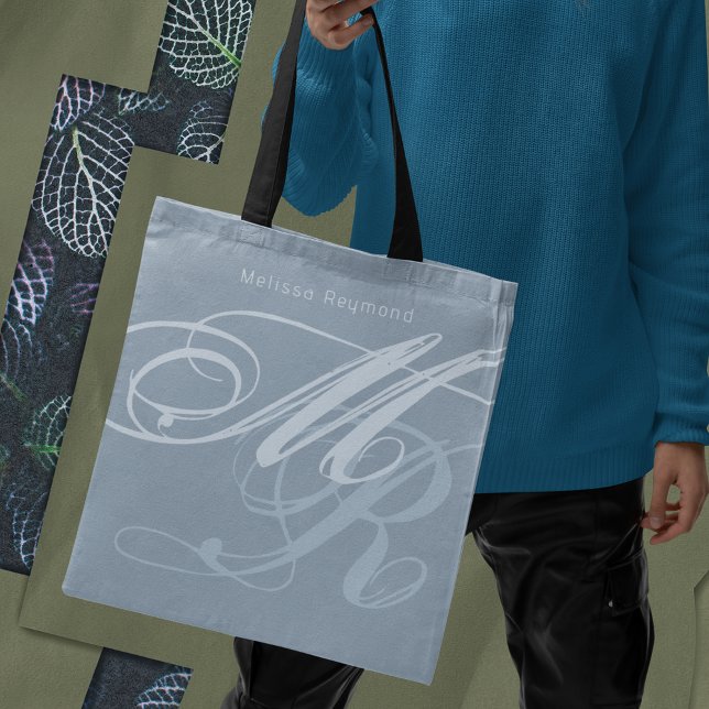 Dusty Blue Tote Oversized Monogram Tygkasse (take me anywhere)