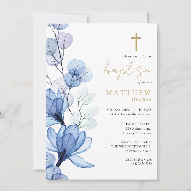 Dusty Blue Transparent Blommigt Monogram Baptism Inbjudningar (Framsida)