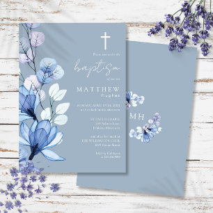 Dusty Blue Transparent Blommigt Monogram Baptism Inbjudningar