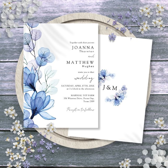 Dusty Blue Transparent Blommigt Monogram Bröllop Inbjudningar (Dusty Blue Transparent Floral Monogram Wedding Invitation)