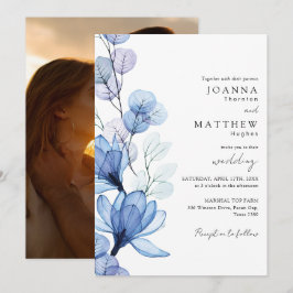 Dusty Blue Transparent Blommigt Photo Bröllop Inbjudningar
