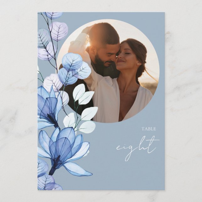 Dusty Blue Transparent Floral Photo Table Number Inbjudningar (Framsida)