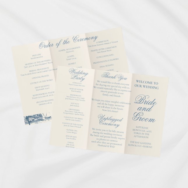 Dusty Blue Tri-Fold Bröllopsprogram Flyer (Use this design for Tri-fold Wedding Program. Perfect for longer ceremonies! )