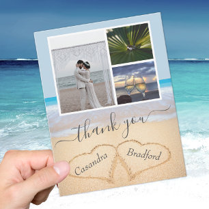 Dusty Blue Tropical Beach Hearts in Sand Bröllop Tack Kort