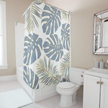 Dusty blue tropical leaves with gold outline
