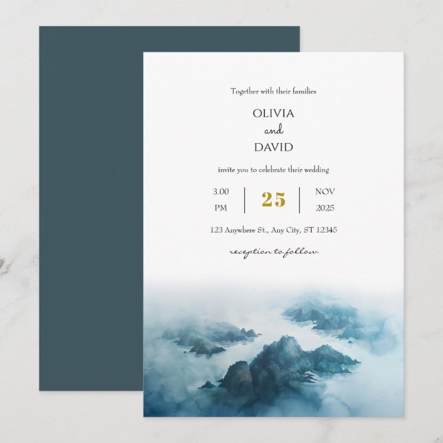 Dusty Blue Tropical Seaside Island Beach Wedding Inbjudningar (Fram/baksida)