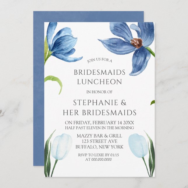 Dusty Blue Tulip Peony Bridesmaids Luncheon Inbjudningar (Fram/baksida)