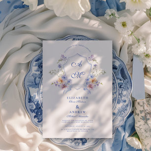 Dusty Blue Vapensköld Blommigt Bröllop Inbjudningar