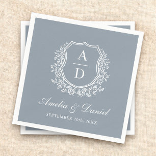 Dusty Blue Vapensköld Elegant Monogram Bröllop Pappersservett