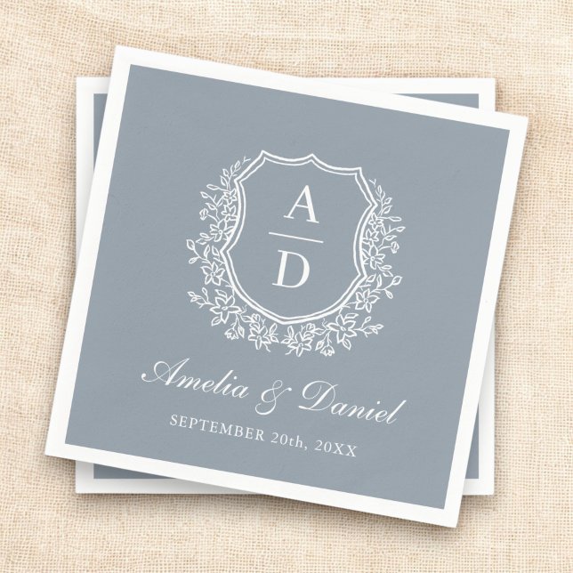 Dusty Blue Vapensköld Elegant Monogram Bröllop Pappersservett (Skapare uppladdad)