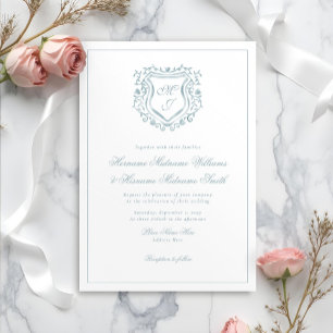 Dusty Blue Vapensköld Monogram Elegant Classy Bröl Inbjudningar