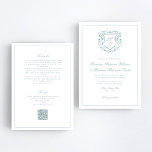 Dusty Blue Vapensköld QR OSA Allt-i-ett-Bröllop Inbjudningar<br><div class="desc">Planerar du din dröm bröllop? Den här elegantens allt-i-ett-bröllopsinbjudan gör det enkelt och vackert. Med en mjuk handmålad vattenfärgad dammig blå tidslinjefri monogrammad vapensköld mot vit bakgrund kombinerar den här designen klassisk charm med modern bekvämlighet. Allt du behöver är här: huvudinbjudan, information och OSA med en unik kod som genereras...</div>