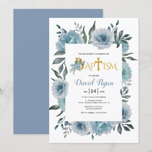 Dusty blue vattencolor blommboy blommigt baptism inbjudningar