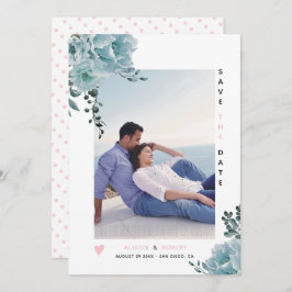 Dusty blue vattencolor blommor  rosa och foto spara datumet