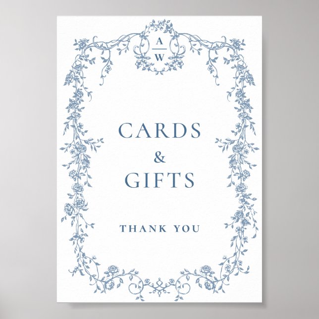 Dusty Blue Victorian Cards and Gifts Bröllop Sign Poster (Framsidan)