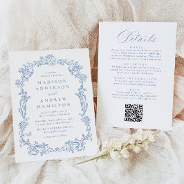 Dusty Blue Victorian Floral All in One Wedding Inbjudningar