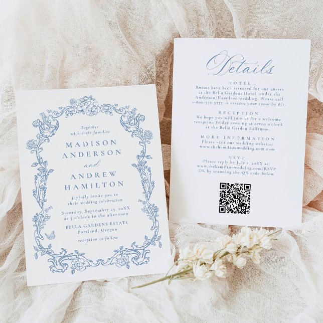 Dusty Blue Victorian Floral All in One Wedding Inbjudningar (Skapare uppladdad)