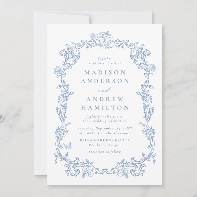 Dusty Blue Victorian Floral All in One Wedding Inbjudningar (Framsida)