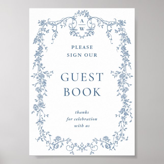 Dusty Blue Victorian Grace Guestbook Bröllop-tecke Poster (Framsidan)