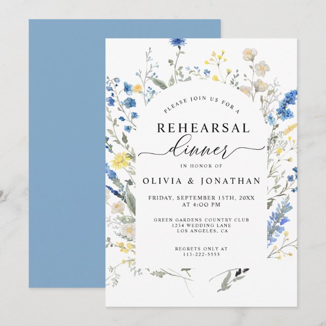 Dusty Blue Vild Flowers Blommigt Rehearsal Dinner Inbjudningar (Fram/baksida)