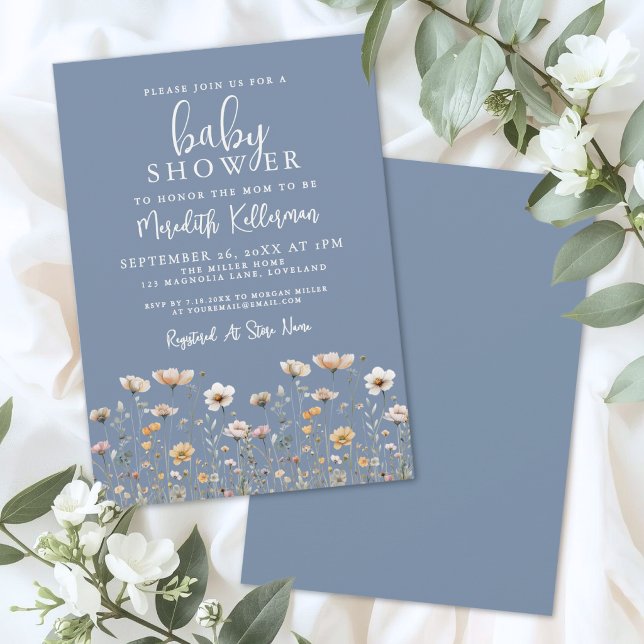 Dusty Blue Vildblomma Barnkalas Inbjudningar (Dusty Blue Wildflower Baby Shower Invitation)