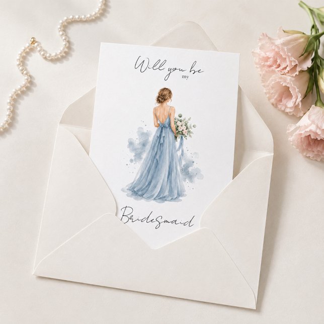 Dusty Blue Vill du vara min brudtjänstförfrågan-ko Kort (Ask her to stand by your side with this elegant dusty blue watercolor bridesmaid proposal card.)