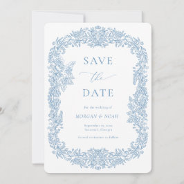 Dusty Blue Vintage Baroque-Blommigten Spara datum Inbjudningar