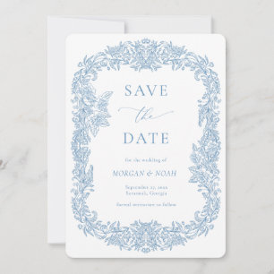 Dusty Blue Vintage Baroque-Blommigten Spara datum Inbjudningar