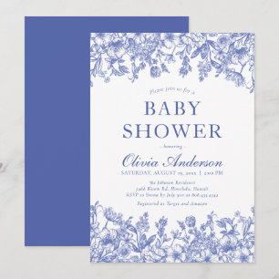 Dusty Blue Vintage Blommigt Chinoiserie Baby Showe Inbjudningar