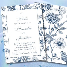 Dusty Blue Vintage Blommigt Fransk Bröllop Inbjudningar