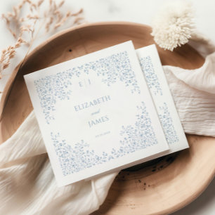 Dusty Blue Vintage Blommigt Line Art Ram Bröllop Pappersservett