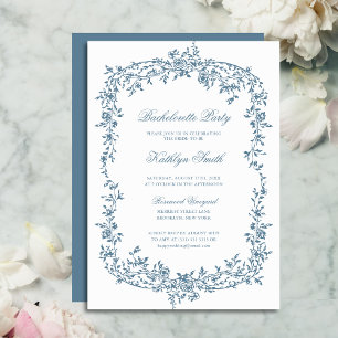 Dusty Blue Vintage Blommigt Ram Bachelorette Party Inbjudningar